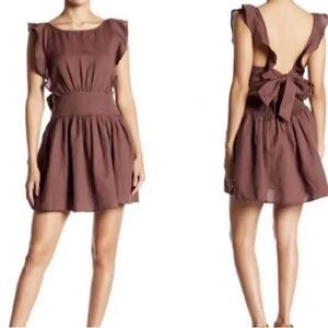 Free People Erin Linen Blend‎ Ruffled Smocked Mini Sundress Brown Size XS